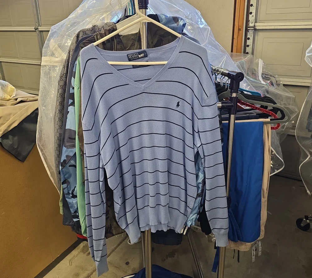 Polo by Ralph Lauren Light Blue V-Neck Sweater with Navy Stripes